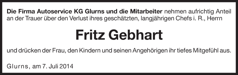  Traueranzeige für Fritz Gebhart vom 08.07.2014 aus Dolomiten