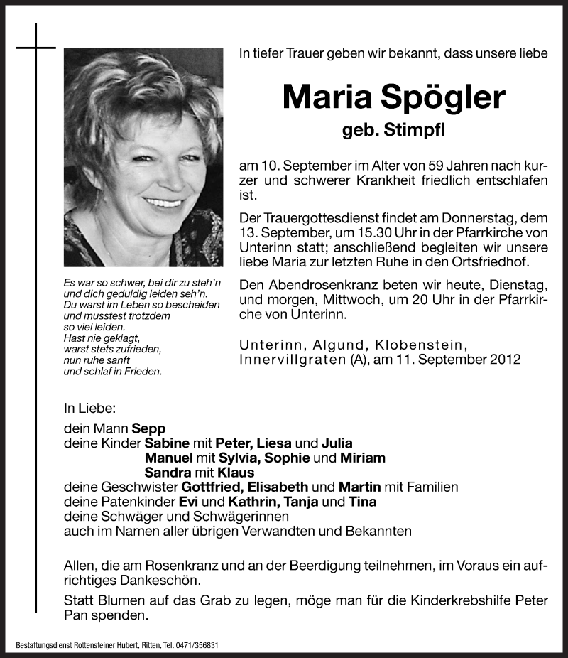  Traueranzeige für Maria Spögler vom 11.09.2012 aus Dolomiten