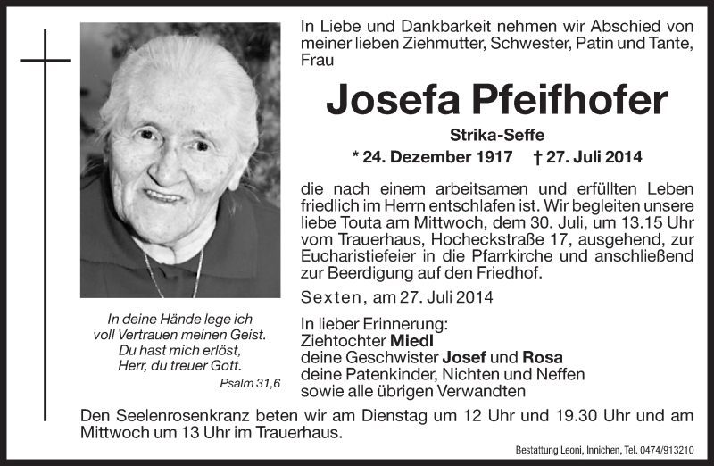  Traueranzeige für Josefa Pfeifhofer vom 29.07.2014 aus Dolomiten