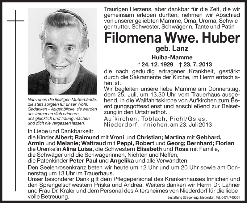  Traueranzeige für Filomena Huber vom 24.07.2013 aus Dolomiten