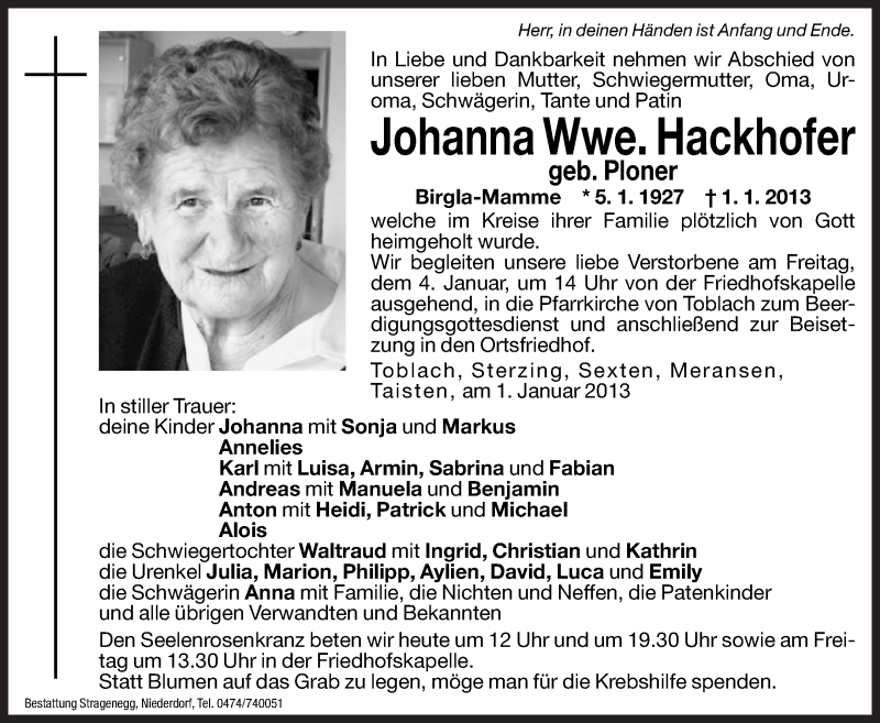  Traueranzeige für Johanna Hackhofer vom 03.01.2013 aus Dolomiten