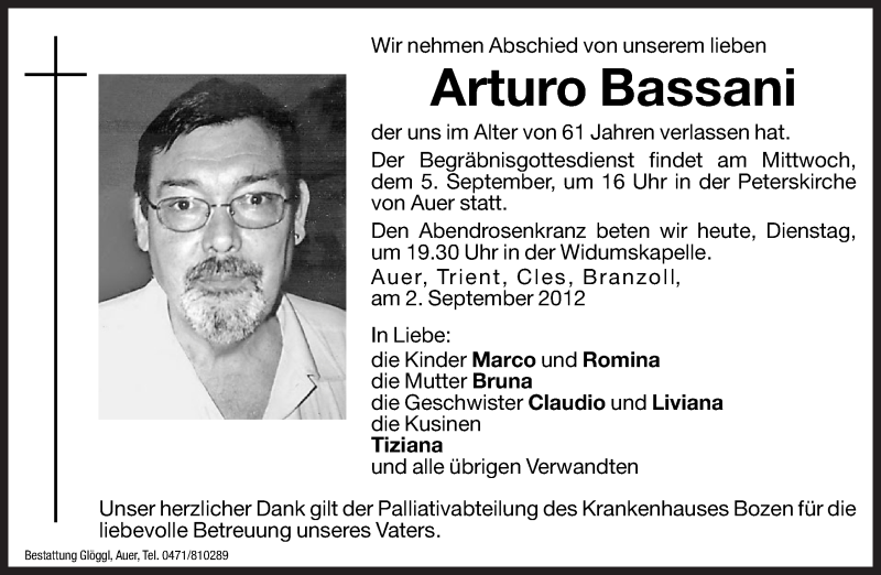  Traueranzeige für Arturo Bassani vom 04.09.2012 aus Dolomiten