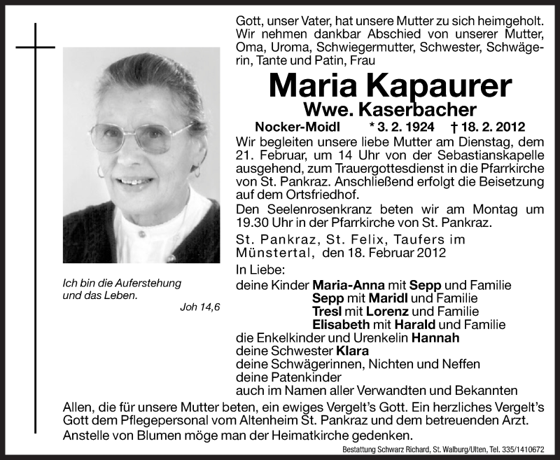  Traueranzeige für Maria Kaserbacher vom 20.02.2012 aus Dolomiten