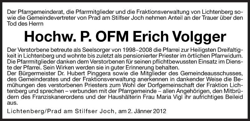  Traueranzeige für Erich Volgger vom 02.01.2012 aus Dolomiten