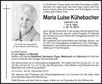 Traueranzeige von Maria Luise Kühebacher von Dolomiten