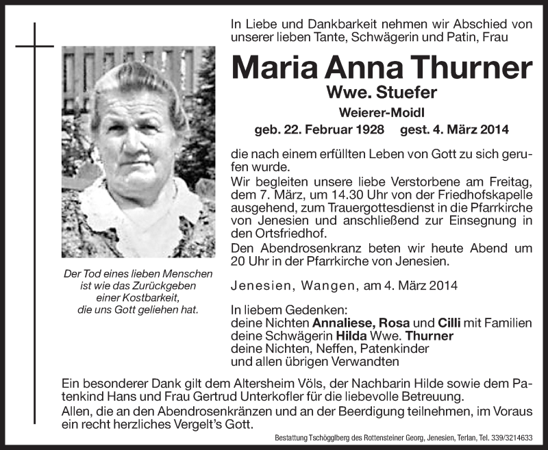  Traueranzeige für Maria Anna Stuefer vom 06.03.2014 aus Dolomiten