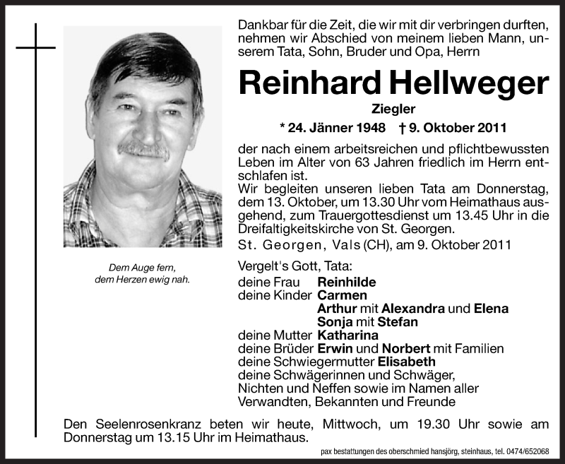  Traueranzeige für Reinhard Hellweger vom 12.10.2011 aus Dolomiten