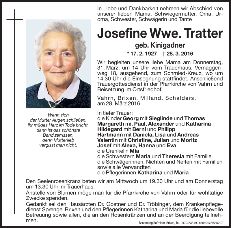  Traueranzeige für Josefine Tratter vom 30.03.2016 aus Dolomiten