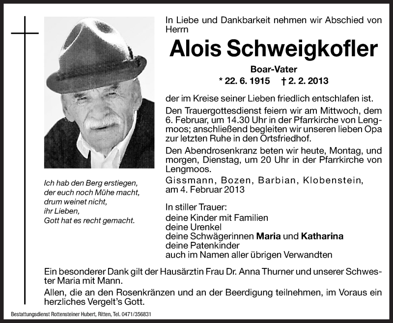  Traueranzeige für Alois Schweigkofler vom 04.02.2013 aus Dolomiten