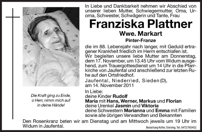  Traueranzeige für Franziska Markart vom 15.11.2011 aus Dolomiten