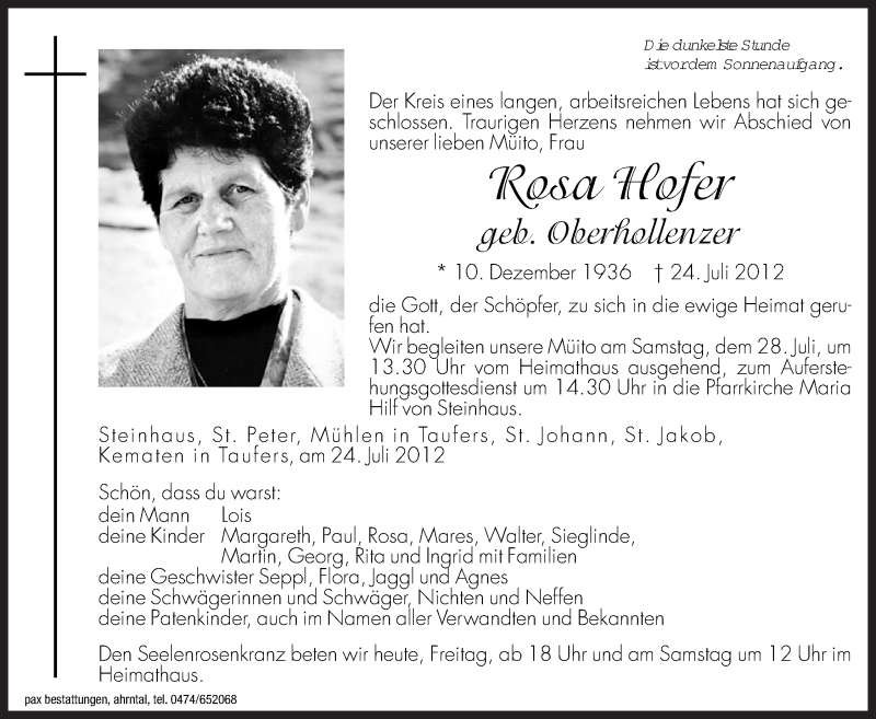  Traueranzeige für Rosa Hofer vom 27.07.2012 aus Dolomiten