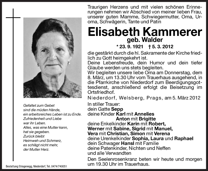  Traueranzeige für Elisabeth Kammerer vom 06.03.2012 aus Dolomiten