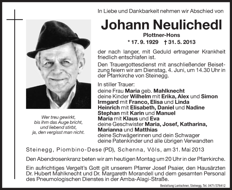  Traueranzeige für Johann Neulichedl vom 03.06.2013 aus Dolomiten