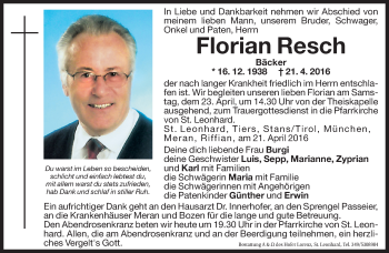 Traueranzeigen Von Florian Resch | Trauer.bz