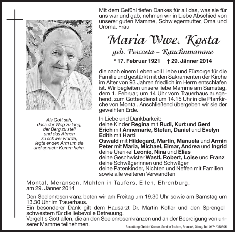  Traueranzeige für Maria Kosta vom 31.01.2014 aus Dolomiten