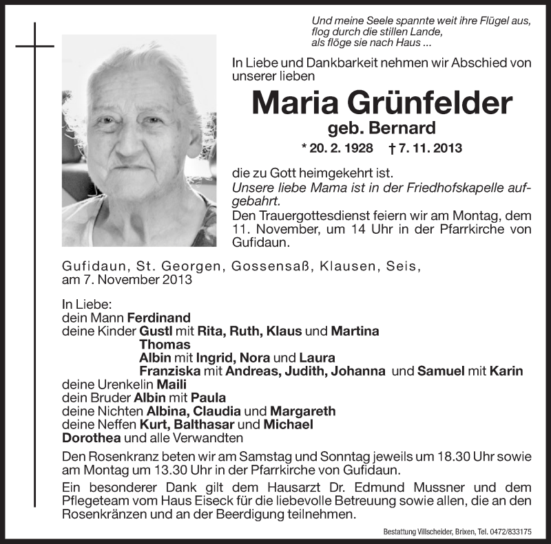  Traueranzeige für Maria Grünfelder vom 09.11.2013 aus Dolomiten