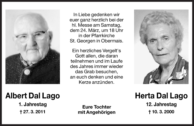  Traueranzeige für Herta Dal Lago vom 23.03.2012 aus Dolomiten