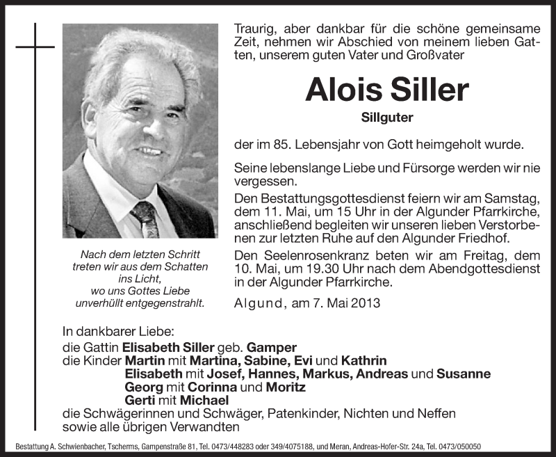  Traueranzeige für Alois Siller vom 09.05.2013 aus Dolomiten