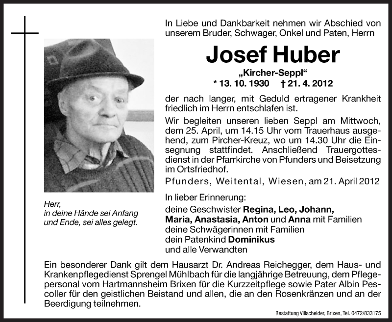  Traueranzeige für Josef Huber vom 23.04.2012 aus Dolomiten