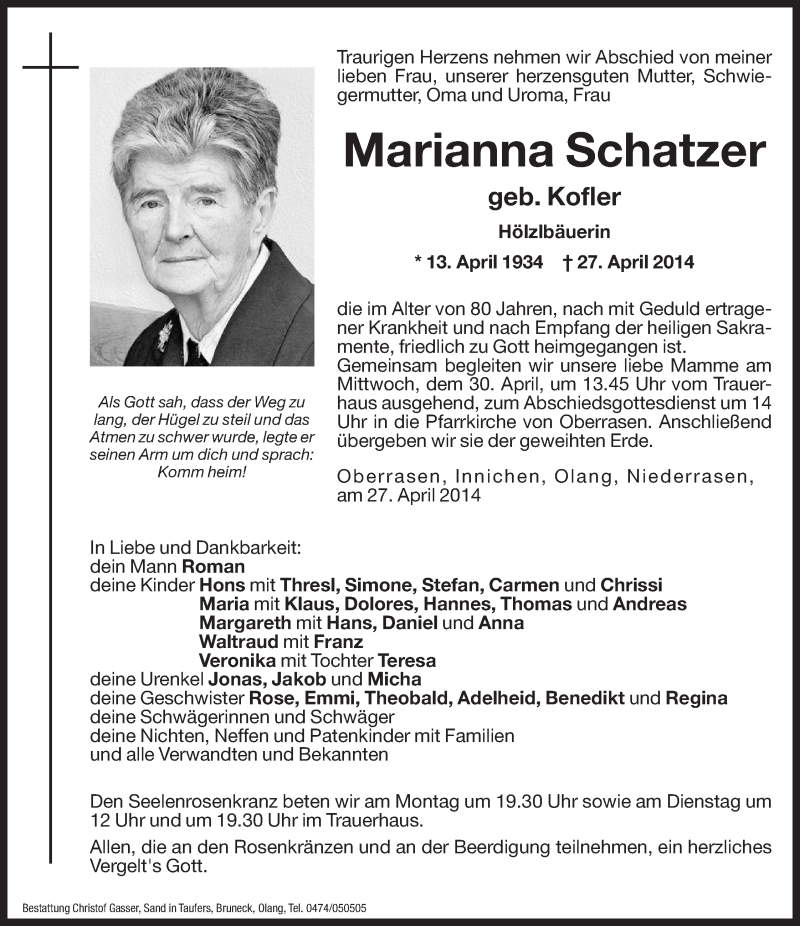  Traueranzeige für Marianna Schatzer vom 28.04.2014 aus Dolomiten