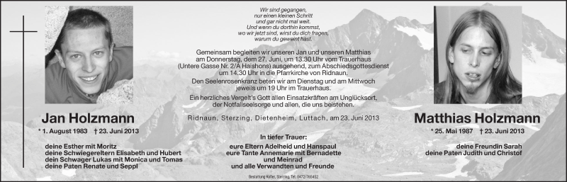  Traueranzeige für Jan Holzmann vom 25.06.2013 aus Dolomiten