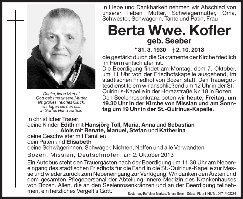  Traueranzeige für Berta Kofler vom 04.10.2013 aus Dolomiten