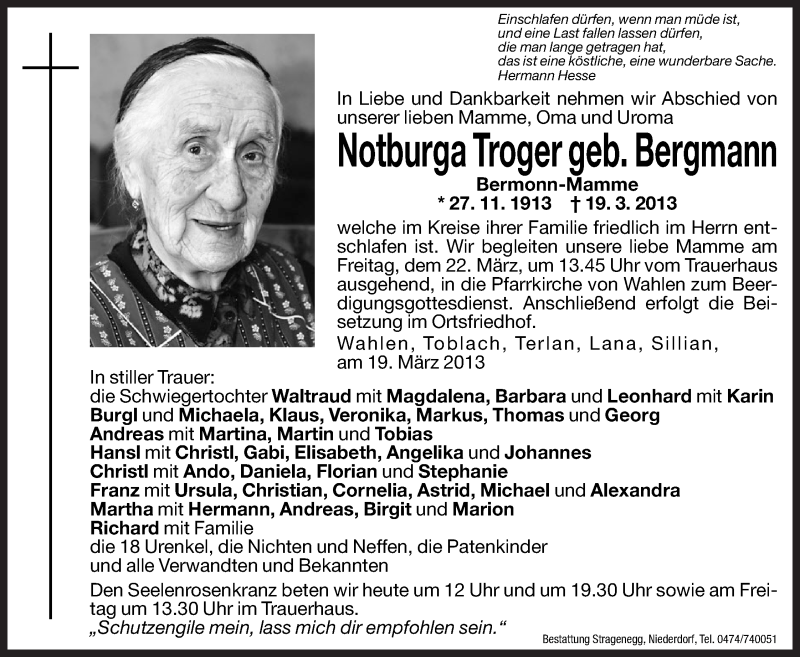  Traueranzeige für Notburga Troger vom 21.03.2013 aus Dolomiten