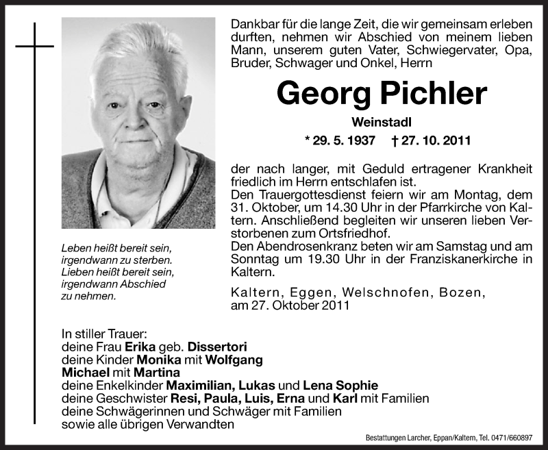  Traueranzeige für Georg Pichler vom 28.10.2011 aus Dolomiten