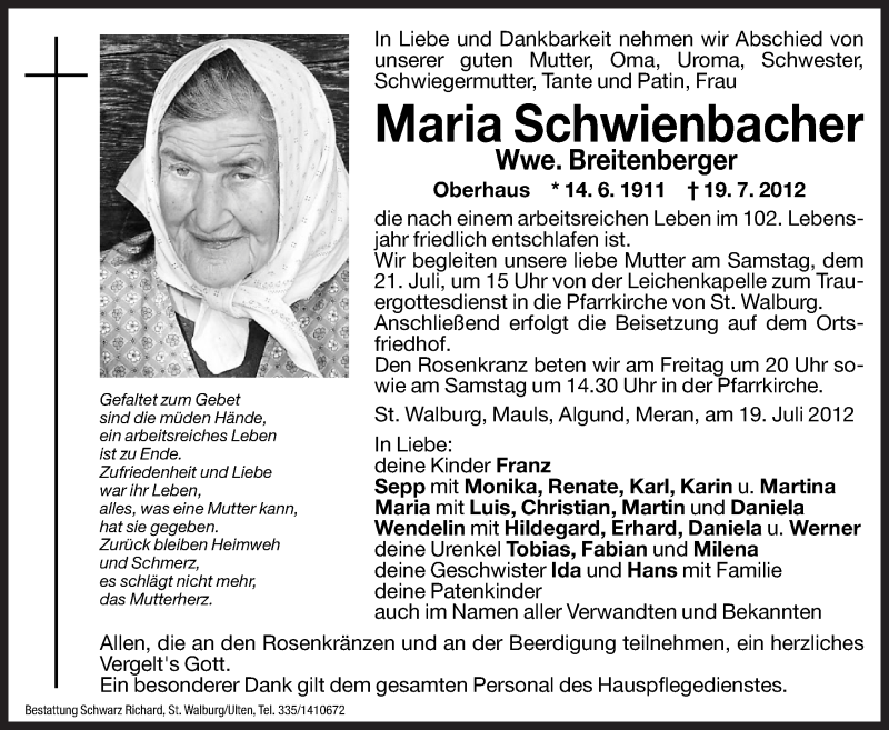  Traueranzeige für Maria Schwienbacher vom 20.07.2012 aus Dolomiten