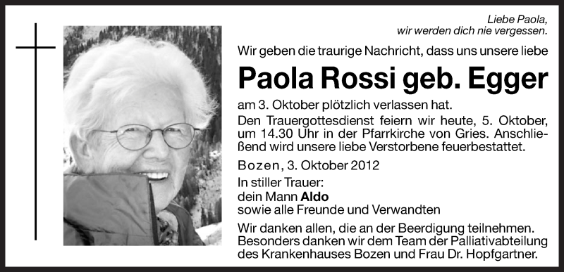  Traueranzeige für Paola Rossi vom 05.10.2012 aus Dolomiten