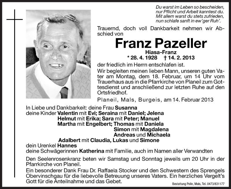  Traueranzeige für Franz Pazeller vom 16.02.2013 aus Dolomiten