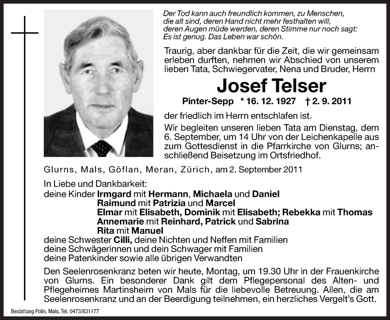  Traueranzeige für Josef Telser vom 05.09.2011 aus Dolomiten