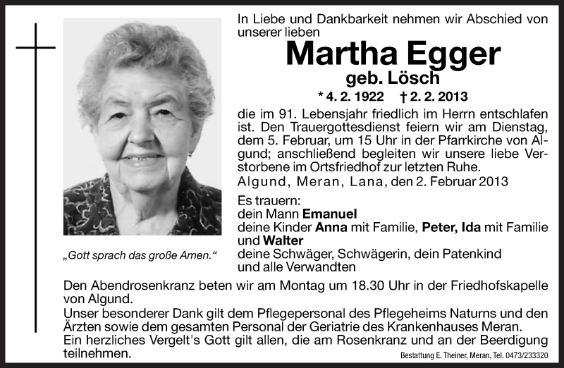  Traueranzeige für Martha Egger vom 04.02.2013 aus Dolomiten