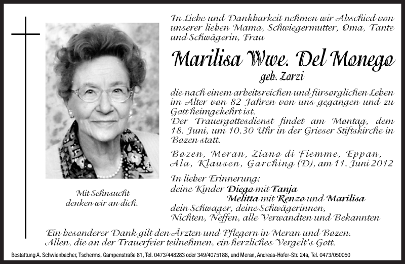  Traueranzeige für Marilisa Del Monego vom 16.06.2012 aus Dolomiten