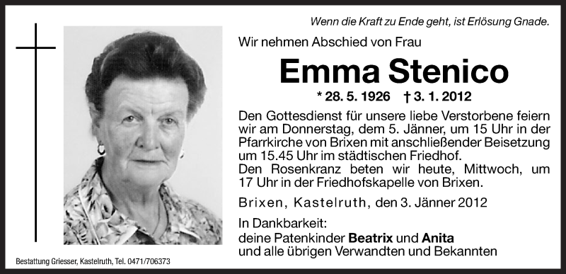  Traueranzeige für Emma Stenico vom 04.01.2012 aus Dolomiten