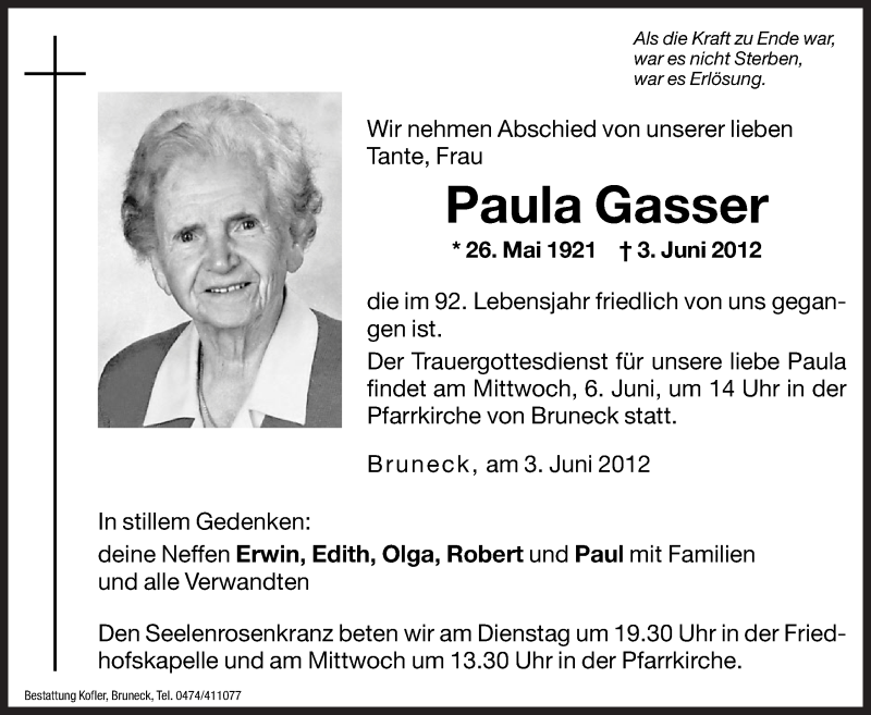  Traueranzeige für Paula Gasser vom 05.06.2012 aus Dolomiten