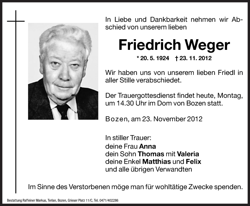  Traueranzeige für Friedrich Weger vom 26.11.2012 aus Dolomiten