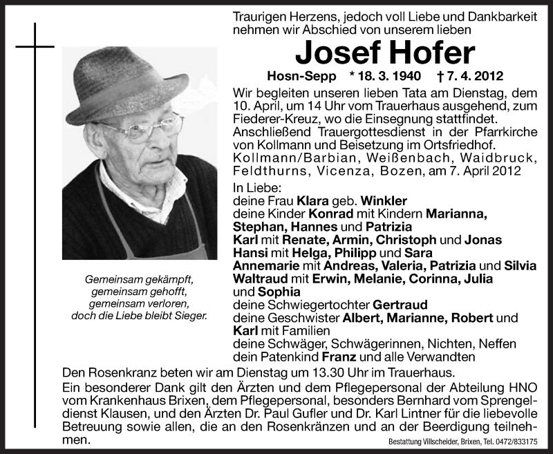  Traueranzeige für Josef Hofer vom 10.04.2012 aus Dolomiten