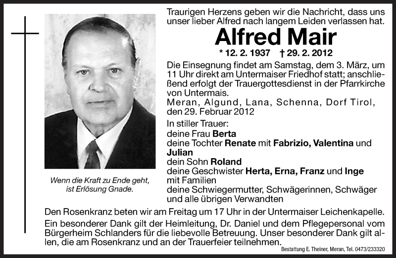  Traueranzeige für Alfred Mair vom 02.03.2012 aus Dolomiten