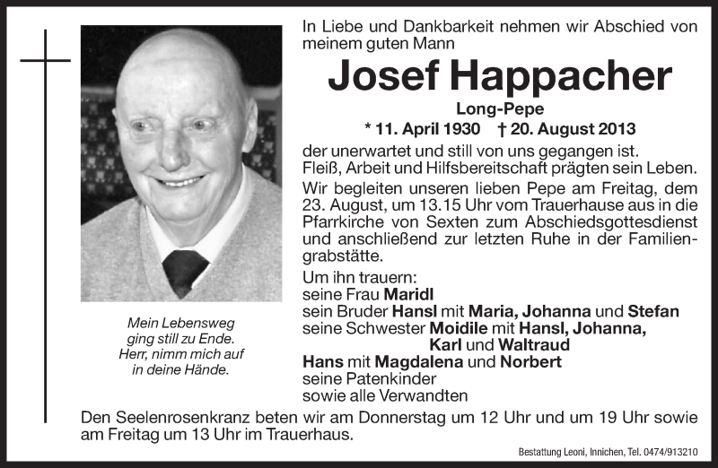  Traueranzeige für Josef Happacher vom 22.08.2013 aus Dolomiten