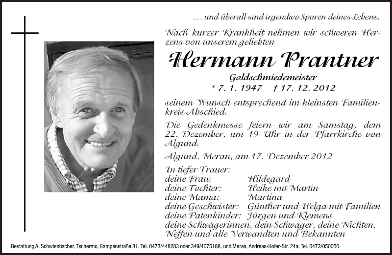  Traueranzeige für Hermann Prantner vom 21.12.2012 aus Dolomiten