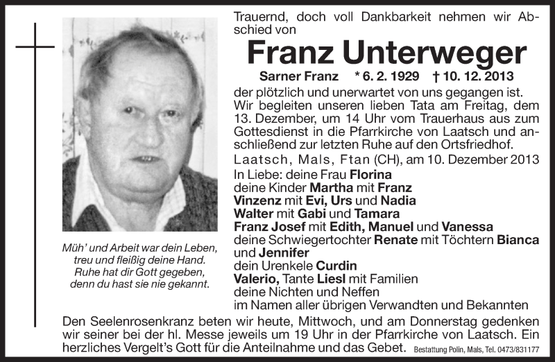  Traueranzeige für Franz Unterweger vom 11.12.2013 aus Dolomiten