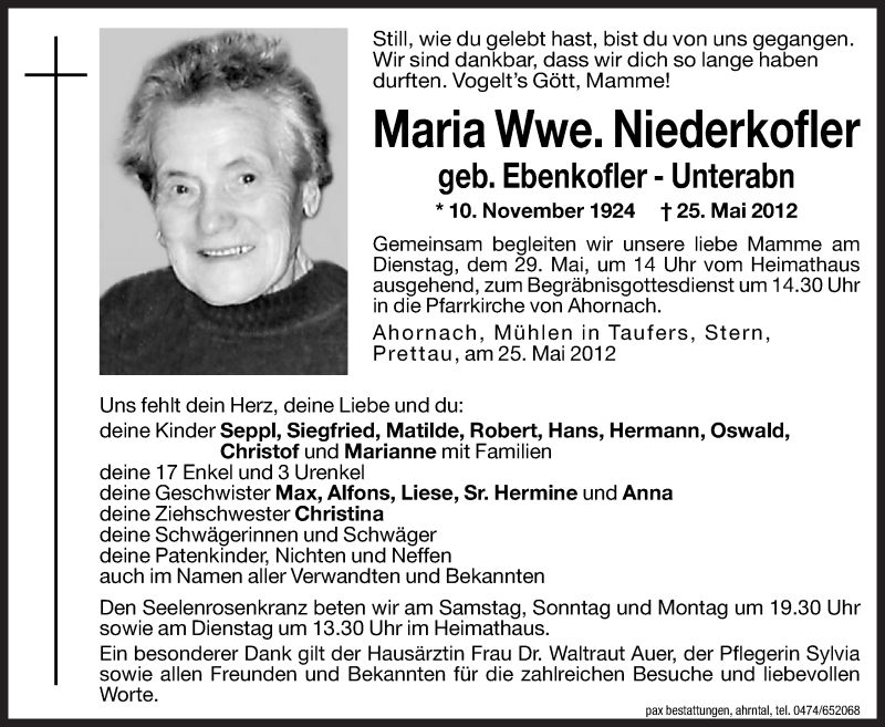  Traueranzeige für Maria Niederkofler vom 26.05.2012 aus Dolomiten