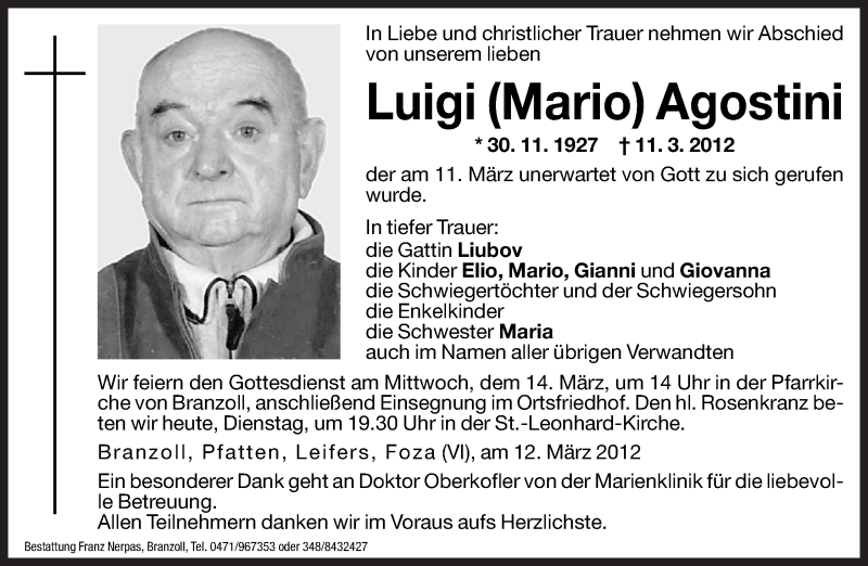  Traueranzeige für Luigi Agostini vom 13.03.2012 aus Dolomiten