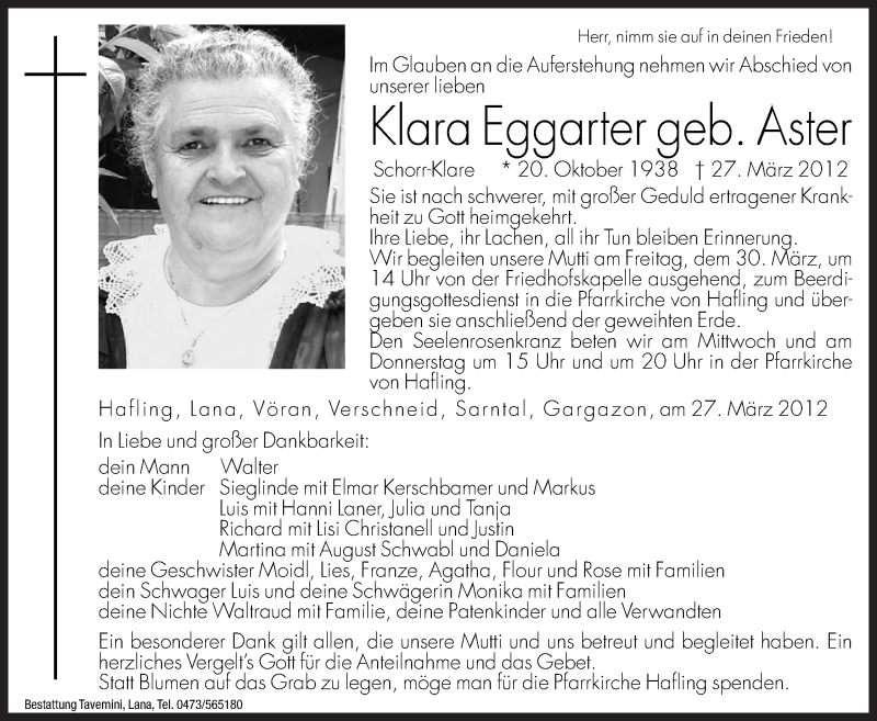  Traueranzeige für Klara Eggarter vom 28.03.2012 aus Dolomiten