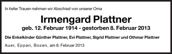 Traueranzeige von Irmengard Plattner von Dolomiten