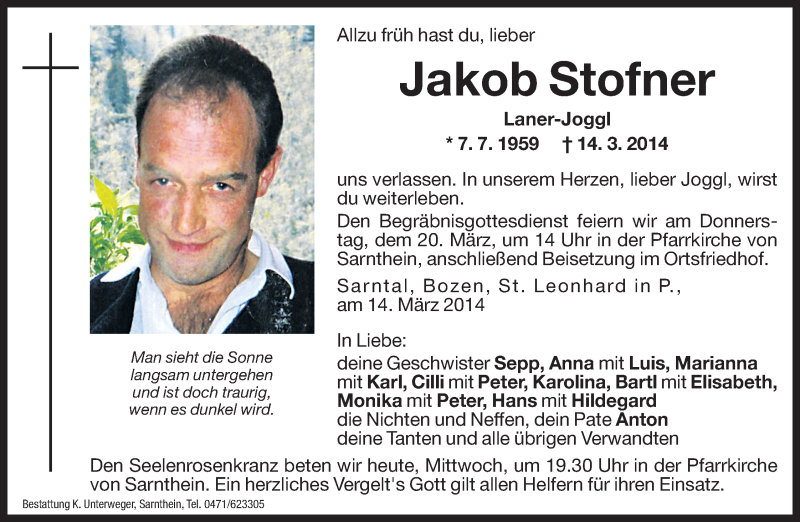  Traueranzeige für Jakob Stofner vom 19.03.2014 aus Dolomiten