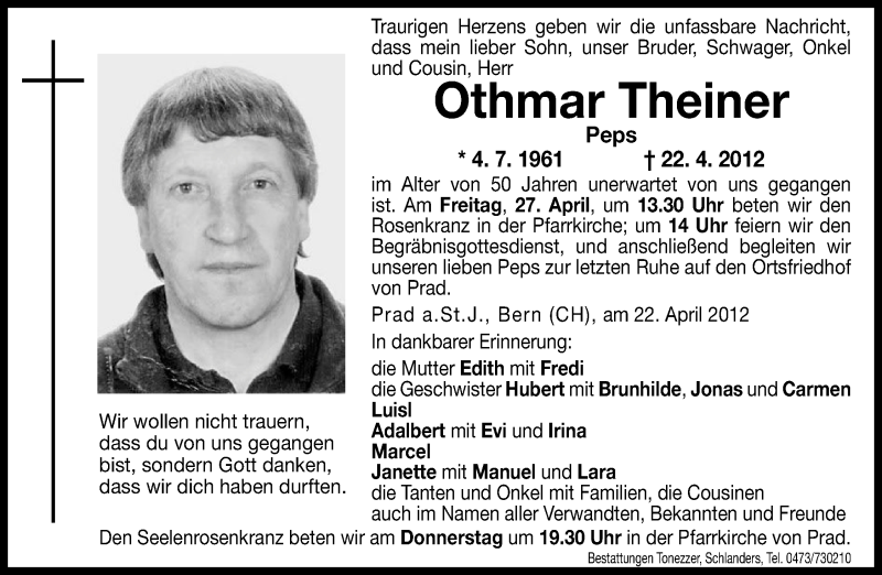  Traueranzeige für Othmar Theiner vom 26.04.2012 aus Dolomiten