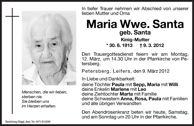  Traueranzeige für Maria Santa vom 10.03.2012 aus Dolomiten