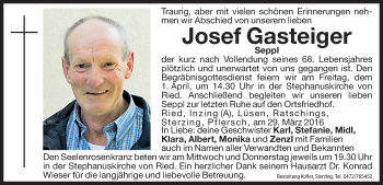 Traueranzeige von Josef Gasteiger von Dolomiten